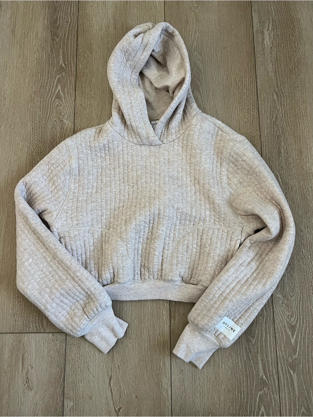 Aerie Offline Cropped Quilted Hoodie in Light Heather Beige Sz S